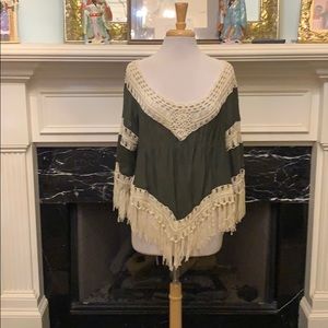 Beautiful olive & cream crocheted with fringe top